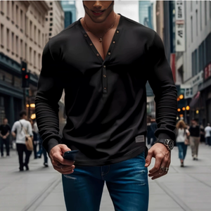 Camicia modellante da <span class=keywords><strong>uomo</strong></span> a maniche lunghe con <span class=keywords><strong>scollo</strong></span> a V e bottoni, stile americano, tinta unita, casual, per primavera/estate, 26 pezzi transfrontalieri - Product Image 2