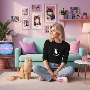 เสื้อยืดแขนยาวคอกลมสไตล์ Y2K ลายแมวแม่ สำหรับผู้หญิง ผลิตจากผ้าถักผสมสแปนเด็กซ์และโพลีเอสเตอร์ เหมาะสำหรับทุกฤดูกาล - Product Image 2