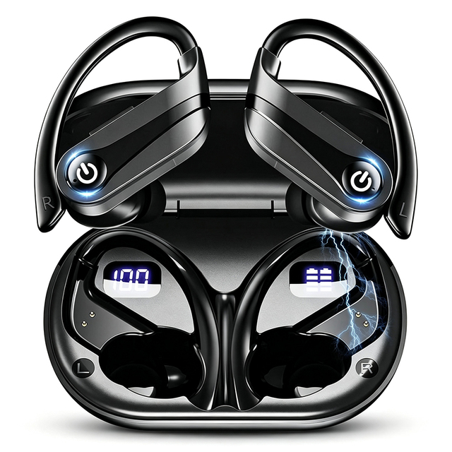 YYK-Q63-3 Sports Ear Hooks Earphones, IPX7 Waterproof Wireless Earbuds with LED Digital Display for Running Gym Workout