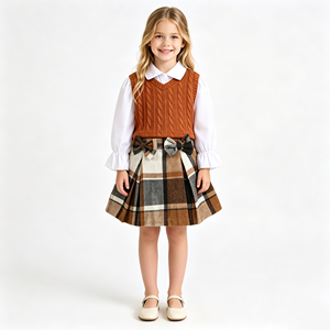 Ensemble de vêtements pour bébé fille, 3 pièces, Conjunto Ropa <span class=keywords><strong>Nina</strong></span>, gilet en tricot torsadé, chemise à manches longues, jupe à carreaux avec nœud, style preppy, vêtements d'automne pour filles - Product Image 2