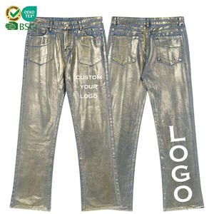 Jeans en denim décontractés à jambe droite, style Y2K, tendance streetwear, hip-hop, effet délavé, bleu métallisé, revêtement laser doré, unisexe, fabrication en usine - Product Image 1