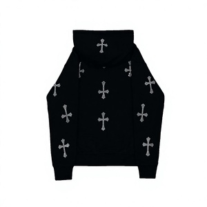 Black <b>Gothic</b> Cross Print Hooded Zip-Up Heavyweight Polyester/Cotton Men's Oversized Knitted Rhinestone Casual Streetwear Winter - Product Image 2