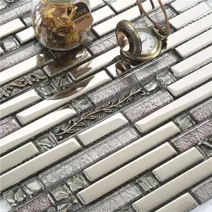 Azulejos de mosaico de vidro prateado para cozinha, azulejos de cristal de mosaico de aço inoxidável escovado, pedra de metal e vidro, design de moda