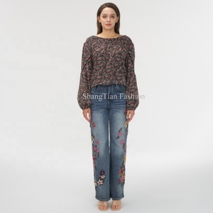 Jeans baggy pour femmes, coupe basse, délavés à l'acide, style vintage, broderie florale personnalisée OEM - Product Image 3