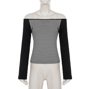 Camiseta de Manga Larga con Bloques de Color y Rayas, Estilo Patchwork, para Otoño e Invierno, Corte Ajustado, Hombros Descubiertos - Product Image 6