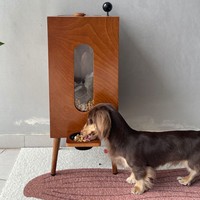 Station d'alimentation pour animaux de compagnie en panneau composite de luxe avec fenêtre transparente, bols surélevés, couleur noyer pour chats et chiens