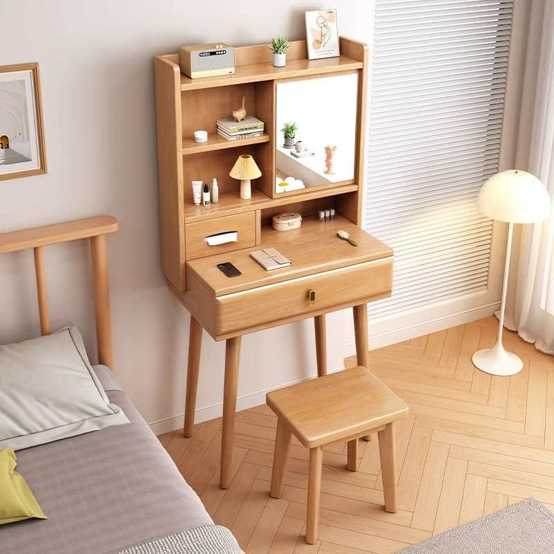 Natural wood sliding dressing table with included stool