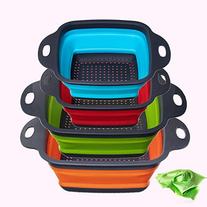 Foldable सिलिकॉन कोलंडर रसोई Leachate टोकरी फल सब्जी धोने की टोकरी बहुक्रिया छलनी नाली बेसिन के साथ संभाल - Product Image 1