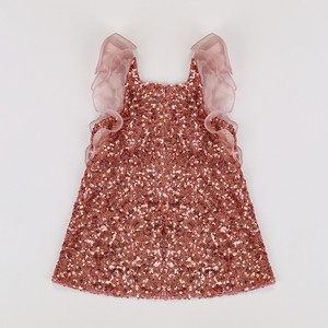 Younger Girls' Rose Gold Sequin party Dress with Organza Ruffled Sleeves - Product Image 5