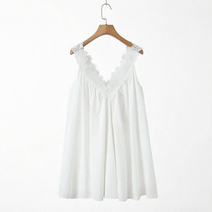 Robe courte en mousseline de soie blanche sans manches à col en V avec bordure en dentelle, robe d'été décontractée ample - Product Image 1