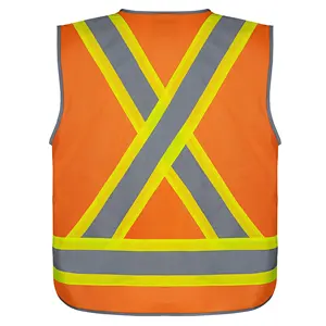 Polyester Tricot Hi Vis Vest With 4 Pockets With Flap Covers And Hook Loop Back X Shape Reflective Tape Zipper Closure