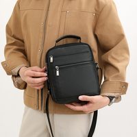 Bolso Bandolera de Cuero Genuino para Hombre, con Asa Vertical, Forro de Poliéster, Múltiples Bolsillos con Cremallera, para Uso Diario y de Negocios