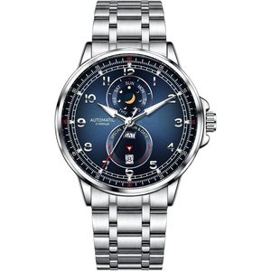 Montre mécanique automatique pour hommes, calendrier des phases lunaires, cadran analogique en cristal, montre-bracelet en acier inoxydable, résistante à l'eau 3BAR - Product Image 1