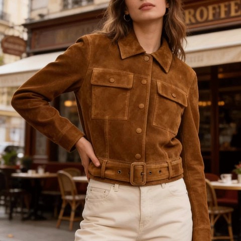 HN3184-1Waist Cinched Slim Fit Vintage European American Workwear Style Suede Sheepskin Women's Genuine Leather Biker Jacket