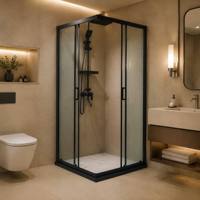 Cabine de douche carrée de luxe, cadre en aluminium finition noire 8 mm, porte de douche coulissante en verre pour salle de bain moderne