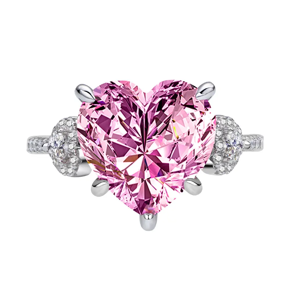 Ювелирные изделия из драгоценных камней, роскошное серебро 925 пробы, сердце, 12 х12, большие розовые бриллианты, кубические циркониевые кольца, три кольца