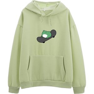 Sweat à capuche pour femme en coton à manches longues, motif grenouille mignonne sur skateboard, vert M, décontracté, pour l'automne - Product Image 1