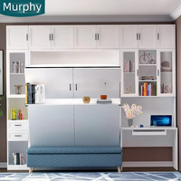 Lit Murphy moderne avec bureau et canapé intégrés, lit mural Queen Size avec plateau coulissant intégré, étagères à portes vitrées, gain de place pour bureau à domicile