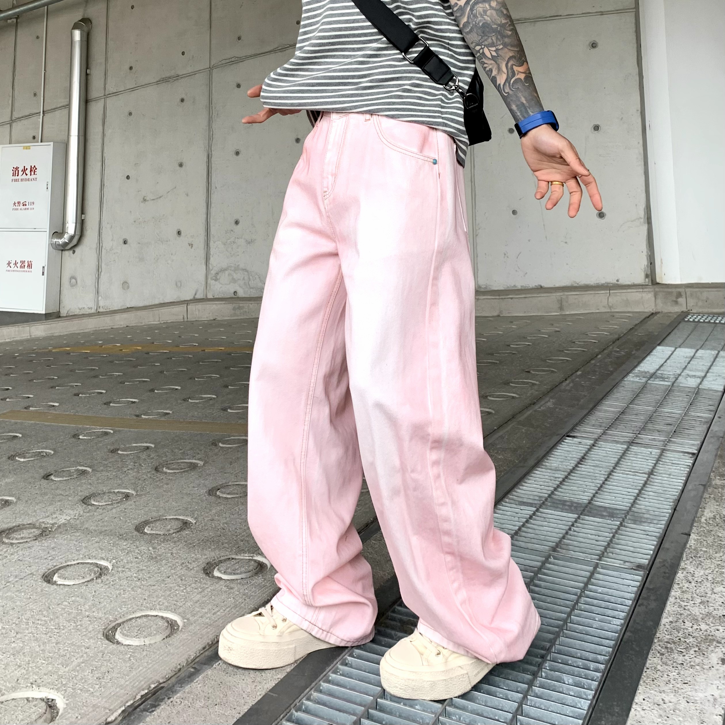 Baggy Jeans Pink Denim Mens Men's Dark Pink Loose Baggy Fit Washed