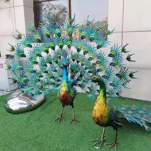 High quality metal peafowl colorful iron peacock sculpture for garden decoration