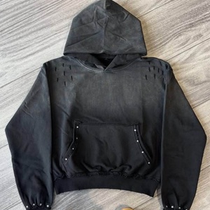 Sweat à capuche pour homme, coupe oversize et carrée, 420 GSM, noir uni, épaules tombantes, fermeture éclair entièrement métallique, délavé à l'acide et effet soleil. - Product Image 4