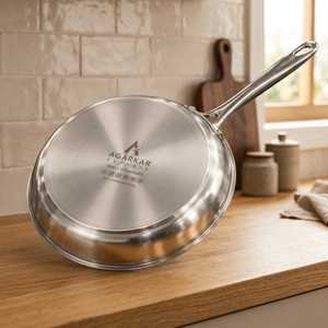 Heavy Gauge 24cm Stainless Steel Skillet <b>Pan</b> With <b>Lid</b> And Induction Base For Frying Sauteing And Everyday Kitchen Cooking - Product Image 1