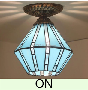 เมดิเตอร์เรเนียน8 "สไตล์ทิฟฟานี่วินเทจโคมไฟสีฟ้าอุตสาหกรรมทำด้วยมือเหล็กพื้นผิวติดตั้งไฟเพดาน LED กระจกสี - Product Image 1