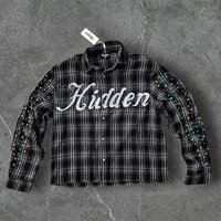 Chemises à carreaux personnalisées avec logo brodé, pierres précieuses, rivets, boutons, tissu en coton à carreaux, chemise en flanelle à manches longues pour hommes