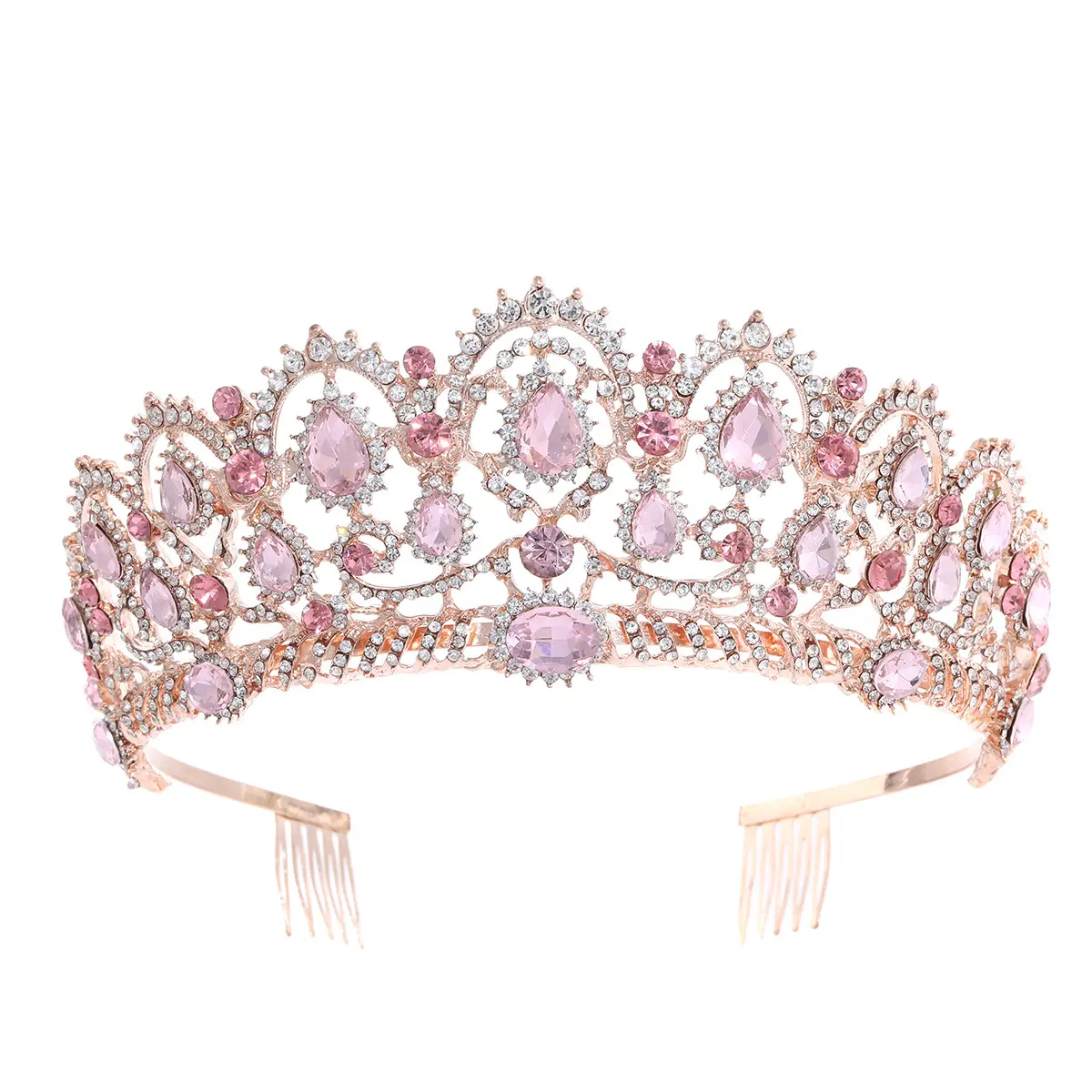 Vendita calda di Colore Rosa Tiara di Diamanti Da Sposa Accessori Per Capelli Di Cristallo Corona Copricapo In Oro Rosa Da Sposa Corone