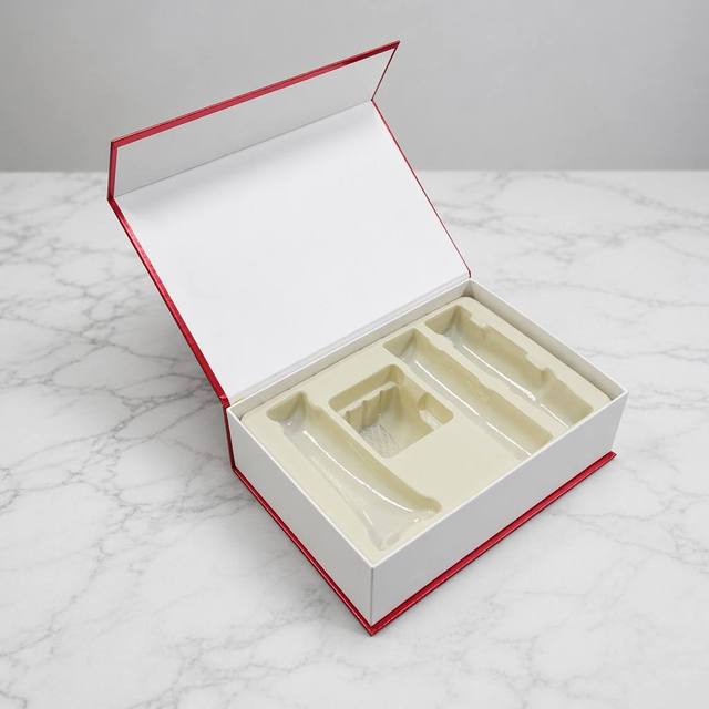 Custom Red Textured Paper Gift Box with White Interior and Velvet Insert, Magnetic Flip Top Packaging