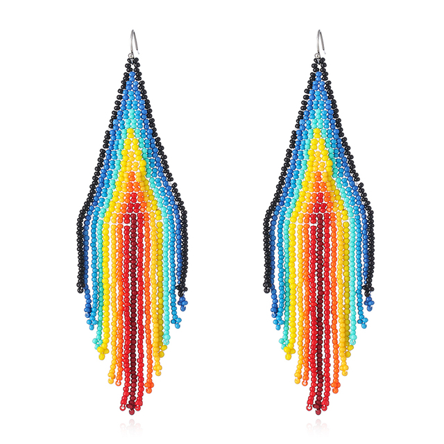 Women's Bohemian Style Handmade Multi-Color Rhodium Plated Long Tassel Chandelier Beaded Earrings Party Engagement