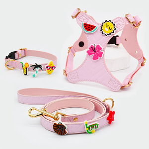 Collar de perro de cuero ajustable personalizado de diseñador de lujo conjunto de correa colorido suave <span class=keywords><strong>DIY</strong></span> arnés para mascotas con etiqueta de dijes - Product Image 6