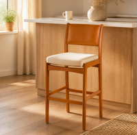 Tabouret de bar moderne en bois massif avec coussin en cuir, hauteur de comptoir, pour café, restaurant, hôtel, ferme et salle à manger