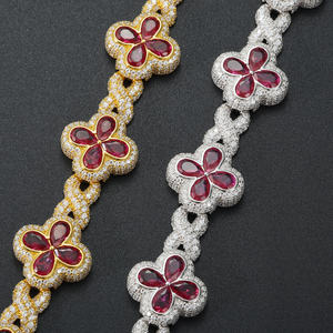 Pulsera de Trébol de Cuatro Hojas de Alta Calidad, Lujosa, de Latón con Gemas de Circonita Cúbica (CZ) Coloridas, Joyería de Cadena de Eslabones Estilo Hip Hop - Product Image 3