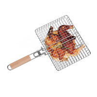 Panier de barbecue en acier inoxydable avec longue poignée en bois amovible, antiadhésif, chromé, pour barbecue en plein air
