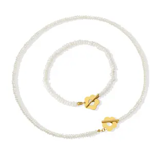 Fenny 18K Gold Plated Wholesale Waterproof Fashion Elegant Fresh Water Pearl Chain Sweety Flower Toggle Stainless Steel Necklace