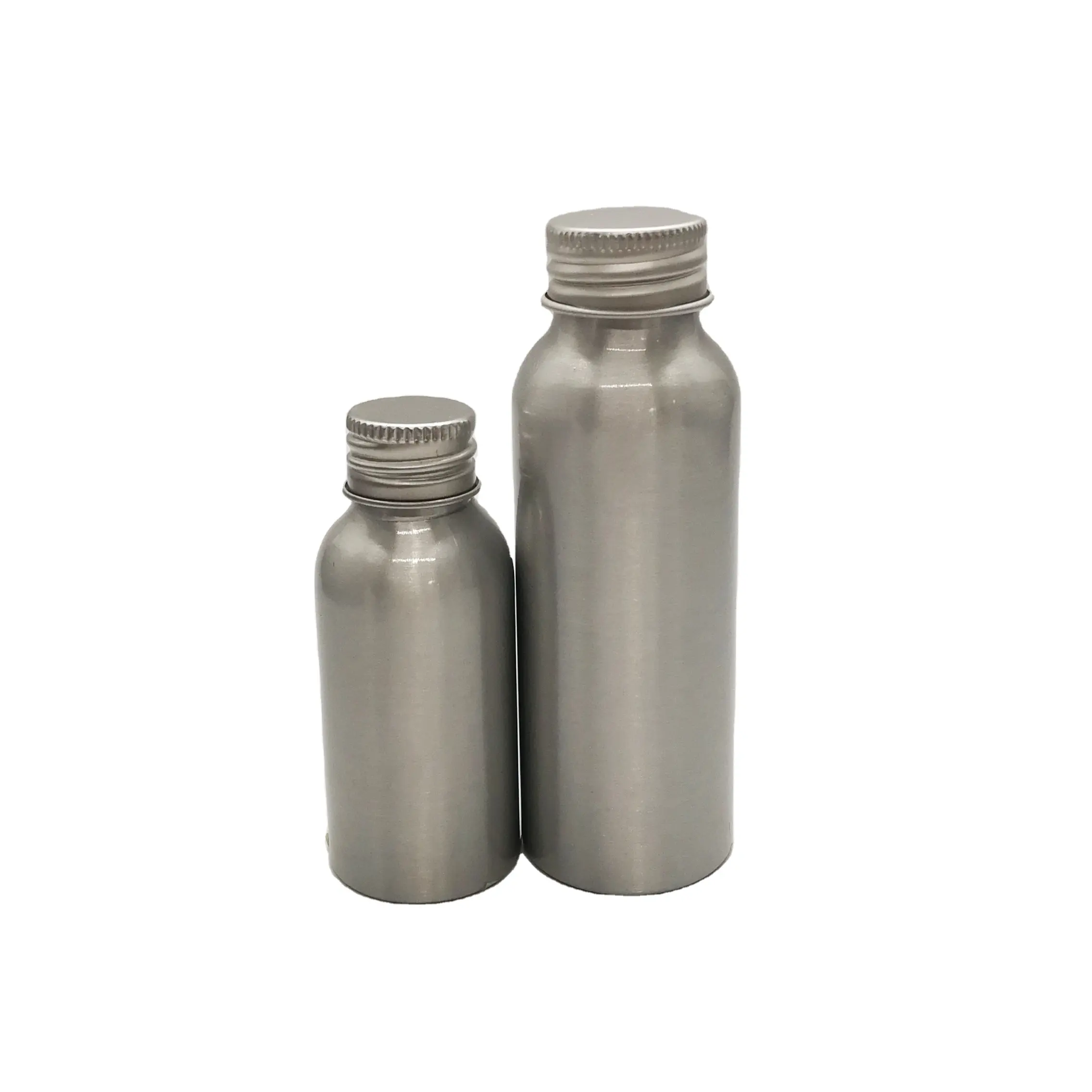 OEM 100ML 200ML cosmo round silver aluminum bottle with metal screw cap