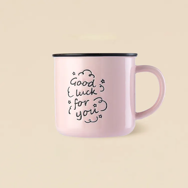 New Design Embossed Words Logo Ceramic Porcelain Enamel Camping Coffee Mug Cup