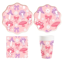 Ensemble de vaisselle de fête DAMAI, assiettes en papier rose en forme de champignon, nœud papillon, gobelets, décorations d'anniversaire pour filles, 60-80 pièces, respectueux de l'environnement