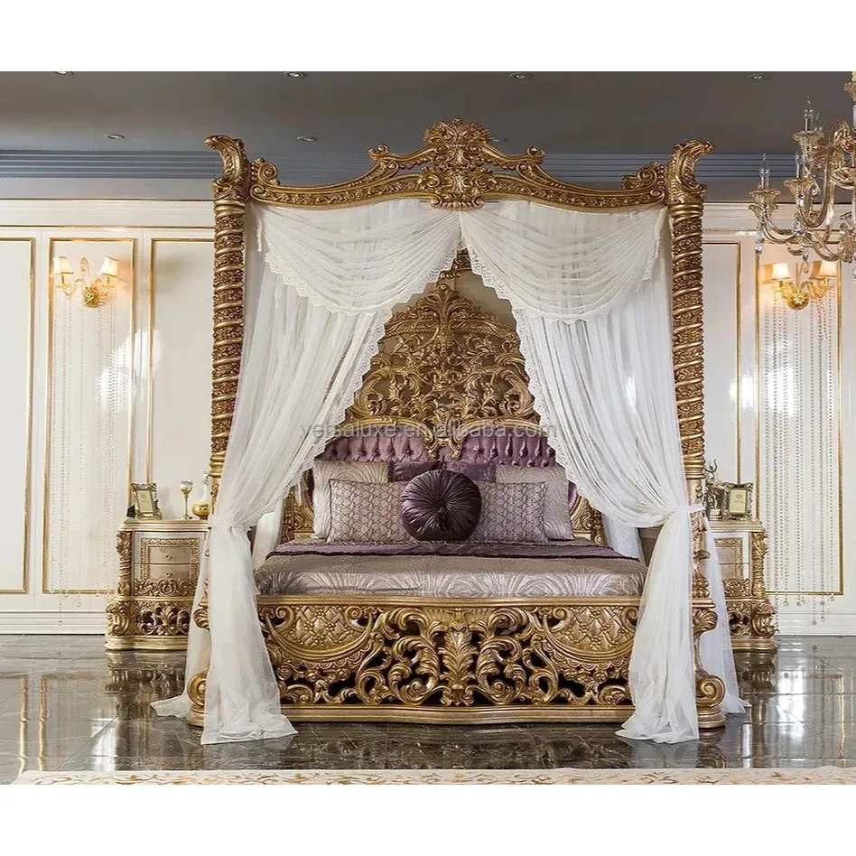 Juego de dormitorio de muebles tallados en madera maciza italiana clásica hoja de oro real antiguo cama de palacio de 4 pilares