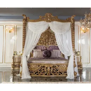 Classic Italian solid wood carved furniture bedroom set antique royal gold leaf 4 pillars palace bed