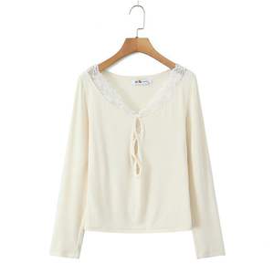 Happy Plus Knotted <b>Lace</b> V Neck Long Sleeve <b>Top</b> <b>Black</b> Plus Size Women's Blouse N9137 - Product Image 2