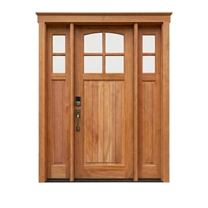 Puerta de Entrada Principal Tradicional con Arco, Fabricada en Madera de Teca y Caoba Maciza, con 4 Paneles de Vidrio y Luces Laterales - Product Image 1