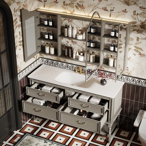 Meuble de salle de bain moderne sur pied en chêne, style rétro français, avec vasque intégrée - Product Image 6