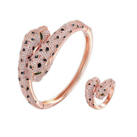Bracelet en cuivre plaqué or 18K, micro-zircon à double tête, léopard ouvert, bague, ensemble de bijoux, vente en gros, nouvelle mode 2021