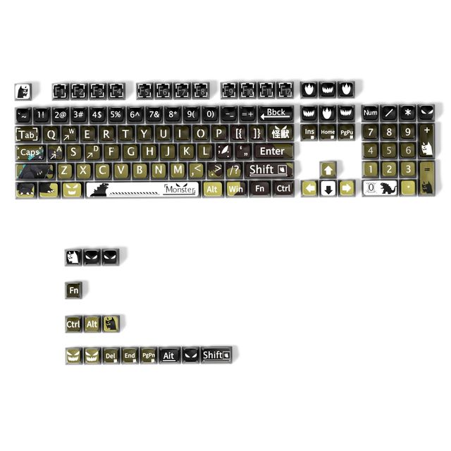 Premium Full Set PBT Gaming English Keycaps Yellow Anime Monster Series 118 Keys Four Sided Translucent Dye Sublimation