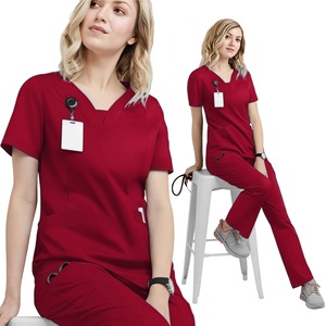 Women's <b>Scrub</b> Set <b>Blue</b> V-Neck Short Sleeve Hospital Uniform Moisture Wicking Split Design For Medical Dental Work - Product Image 3