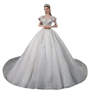 1618 Fashion Bridal Short Sleeve Outdoor Maternity Wedding Party Dress With Long Train