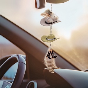 Nabao Road Cowboy Hat Car Pendant Polyester Denim <b>Feather</b> Style Rearview Mirror Accessory Small Hat Decor - Product Image 4
