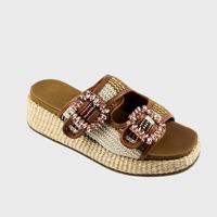 Mules décontractées à bout ouvert avec empeigne tressée colorée et boucle carrée en strass, sandales compensées à plateforme pour femme
